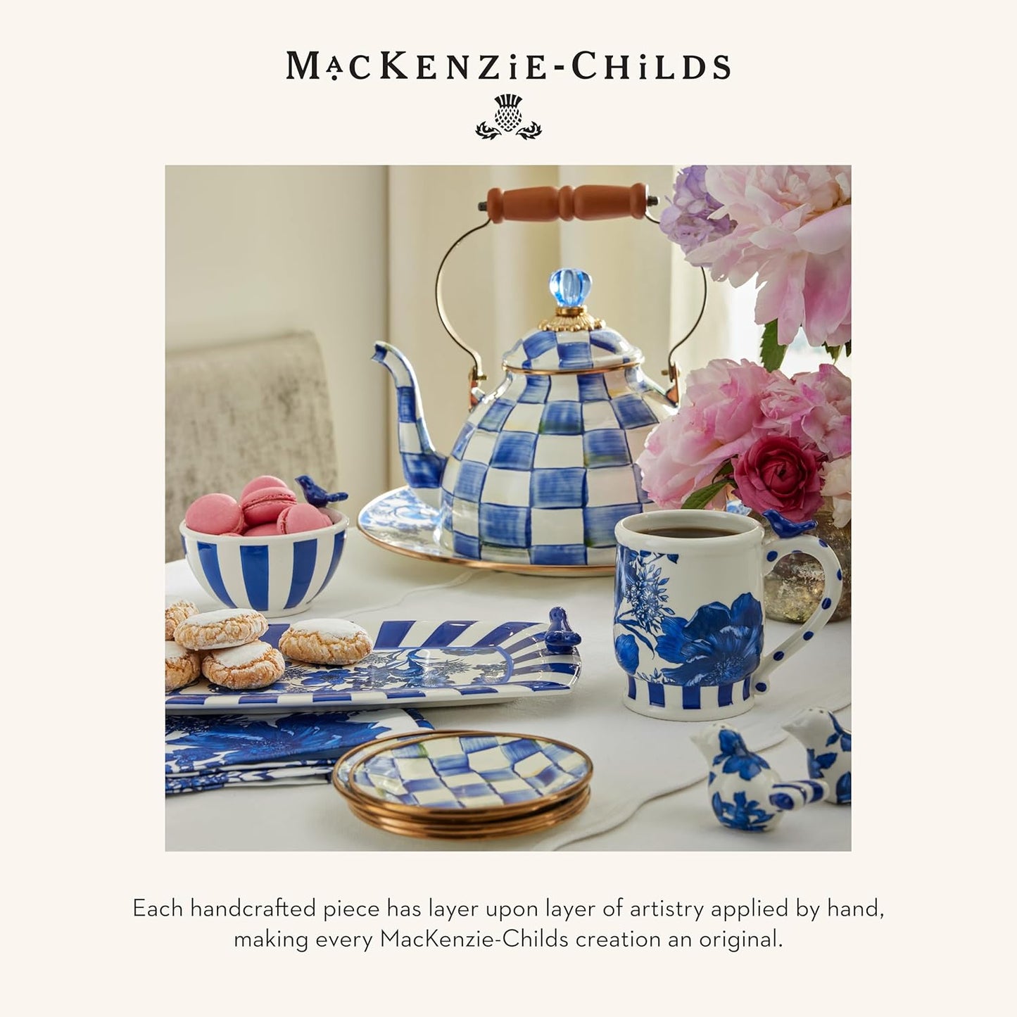 MACKENZIE-CHILDS Enamel Round Tray, Unique Serving Platter for Food and Drinks, Blue-and-White Royal Check