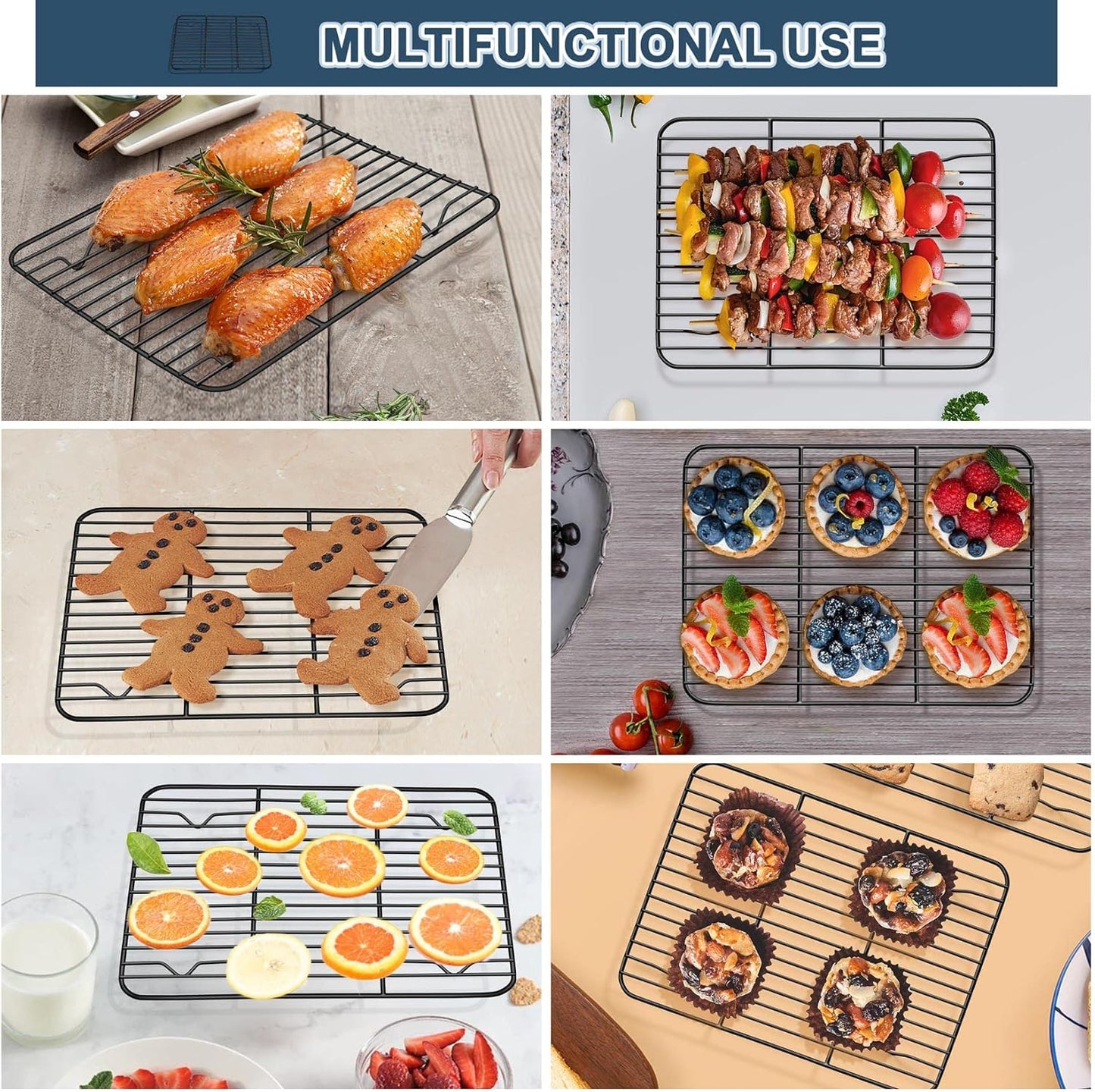 P&P CHEF Cooling Baking Rack Pack of 2, Stainless Steel Cooling Racks for Cooking Baking Roasting Grilling Drying, Dense Wires & Smooth Edge, Easy to clean, Black, 9.7" x 7.3"