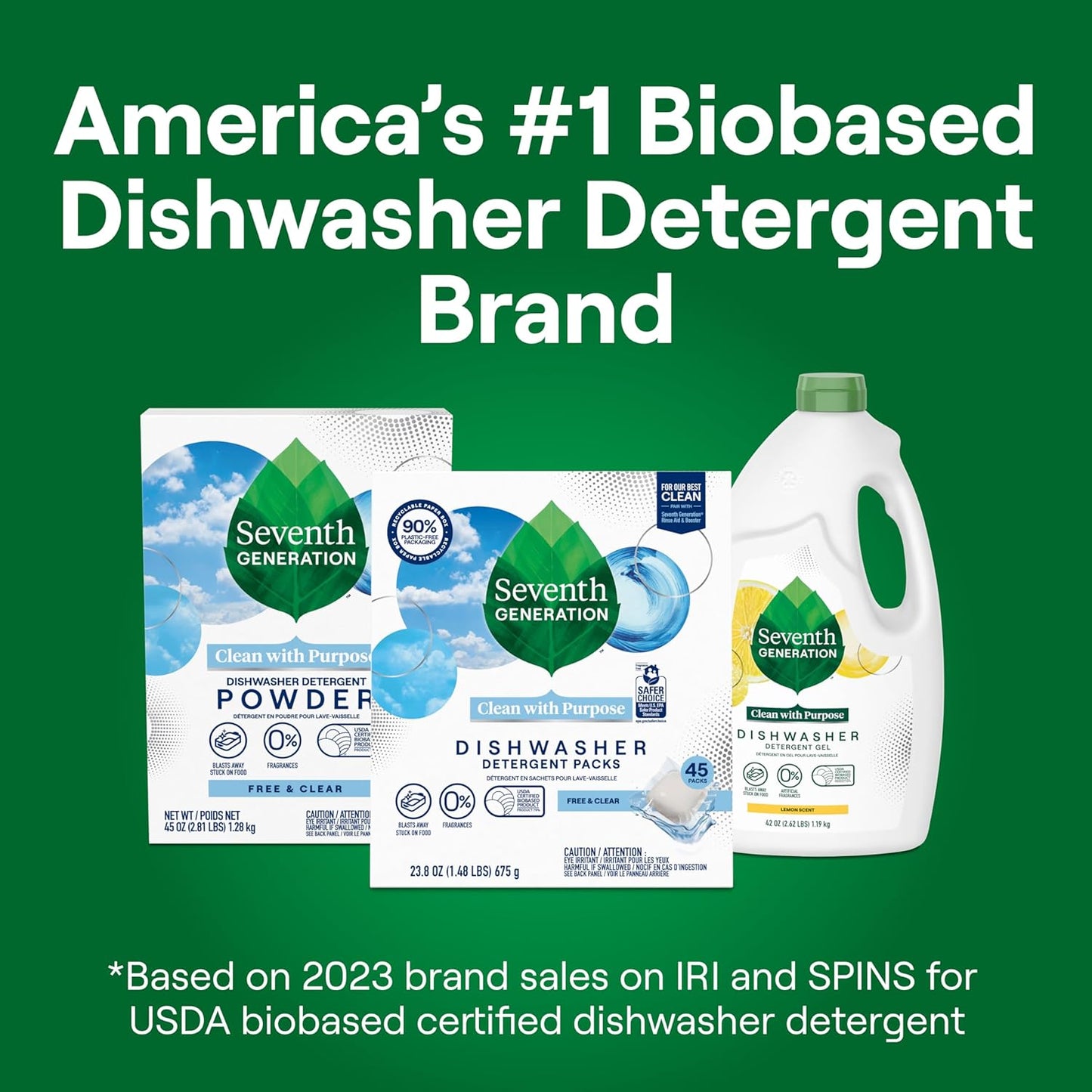 Seventh Generation Dishwasher Detergent Packs Free & Clear for sparkling dishes Dishwasher tabs 45 count