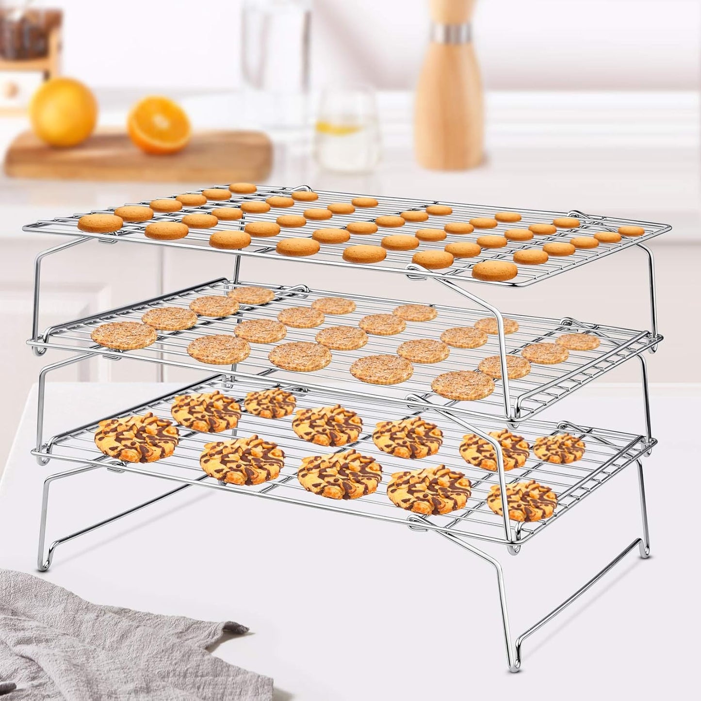 P&P CHEF Cooling Rack, 5-Tier Stainless Steel Stackable Baking Cooking Racks for Cooling Roasting Grilling, Collapsible & Heavy Duty, Oven Safe & Easy Clean, 15" x 10", Silver