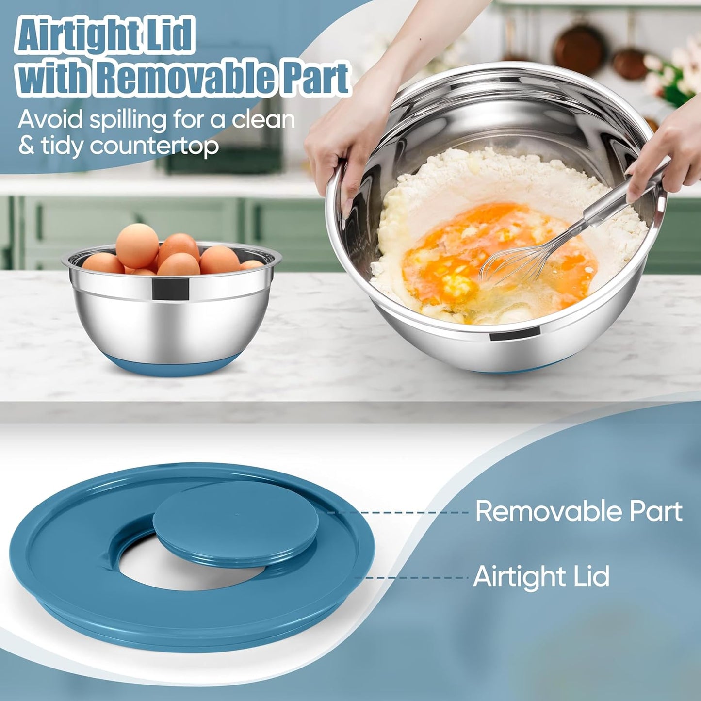 E-far Stainless Steel Mixing Bowls with Lids Set, 5-Piece Nesting Salad Bowls with 3 Grater Attachments and Non-Slip Bottoms, Size 4.6, 2.6, 2, 1.5, 1QT for Kitchen (Blue)