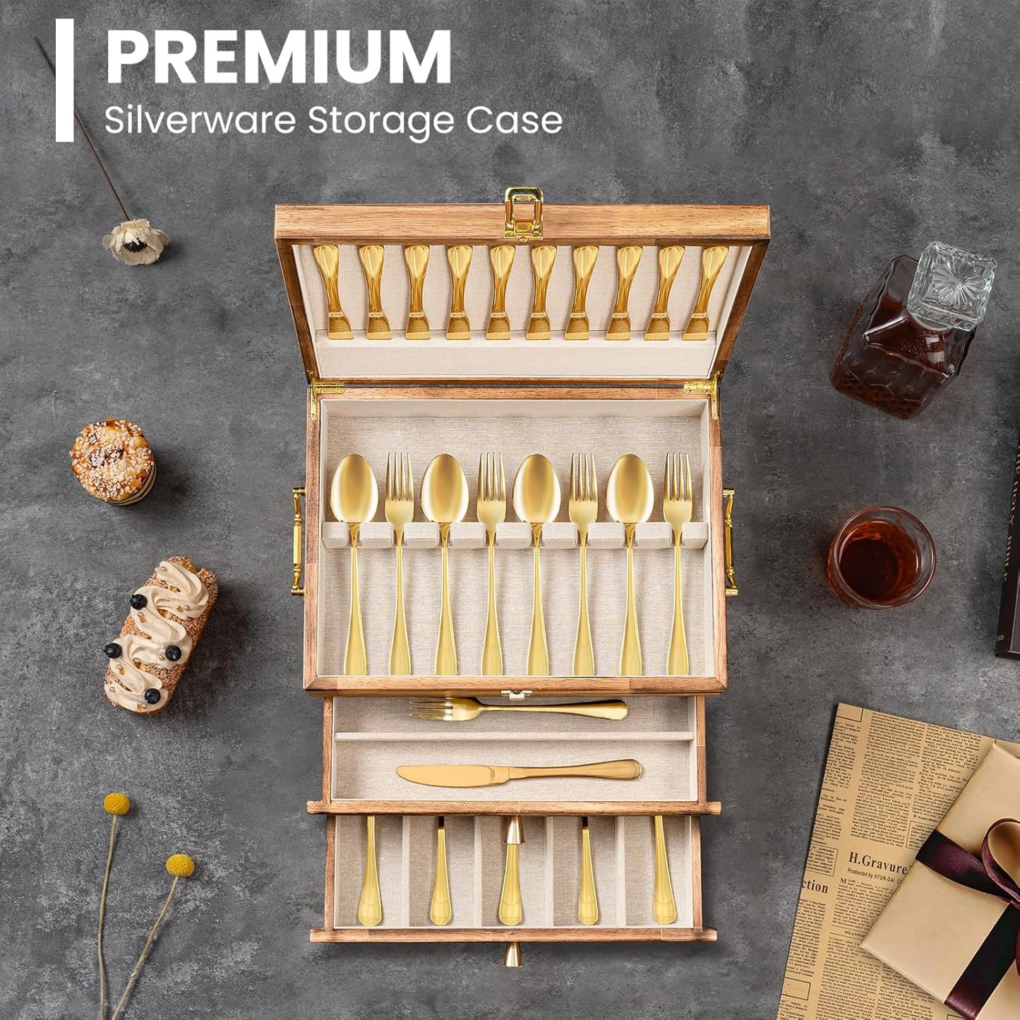 Silverware Storage Box, 3-Layer Flatware Storage Case with Drawer, Wooden Silverware Chest with Handle and Linen Liner, Rustic Silverware Case for Storing Fine Flatware and Utensils (Brown)