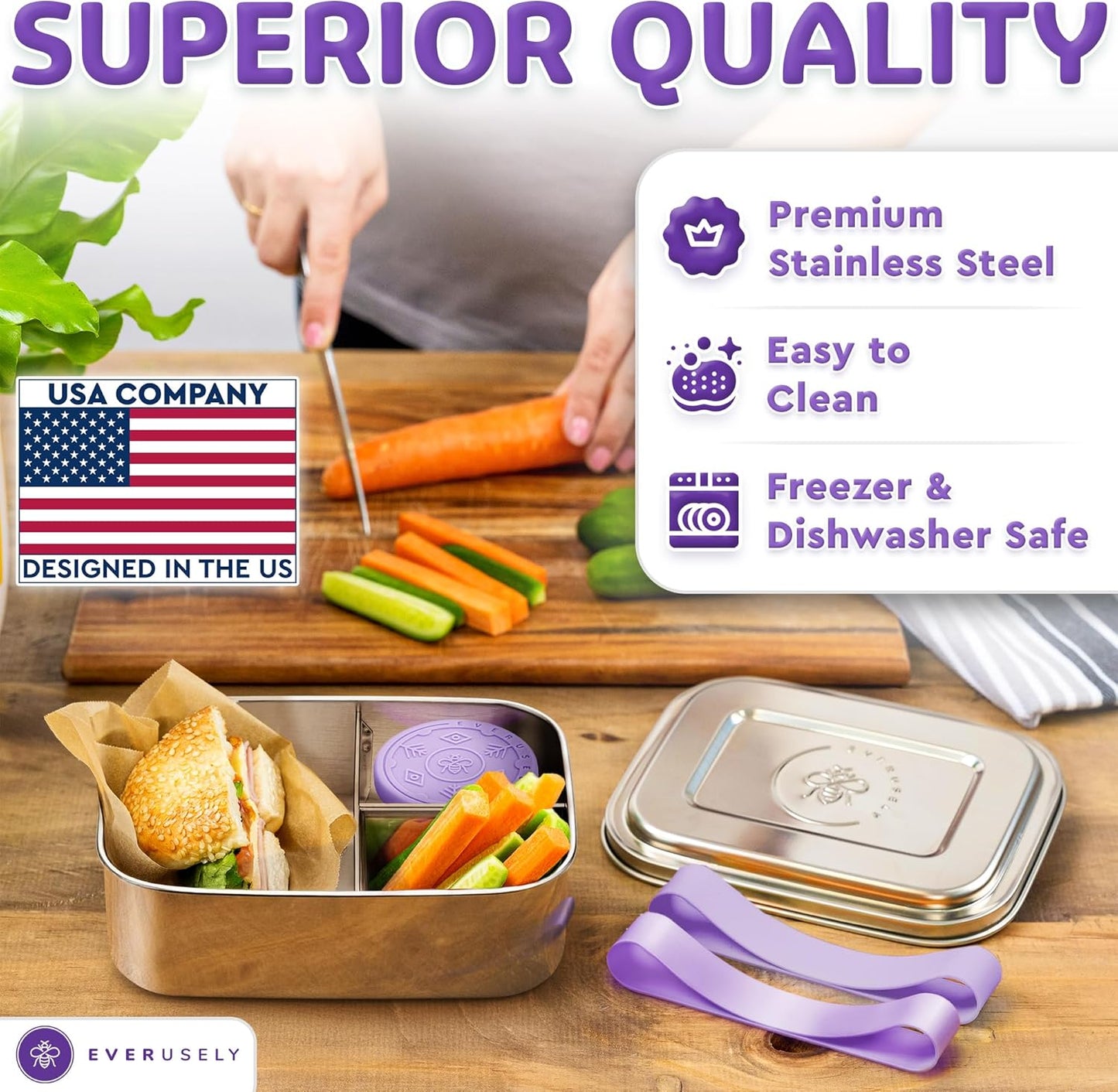 Everusely - Bento Box - Lavender, 37oz / 1.1 L - Stainless Steel Lunch Box with Leakproof Condiment Container - 3 Compartment Snack Organizer for On the Go Meals - Freezer & Dishwasher Safe