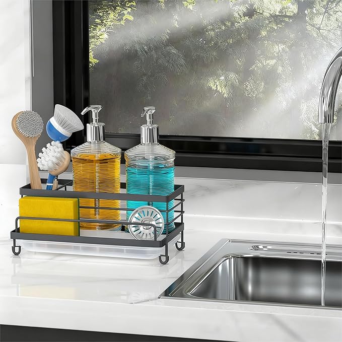 Cisily Gray Sponge Holder for Kitchen, Sink Caddy Sink Organizer Rack for Kitchen Accessories with Drip Tray, Rustproof and Non-slip, Soap Dispenser Countertop Organizer Essentials for New Home