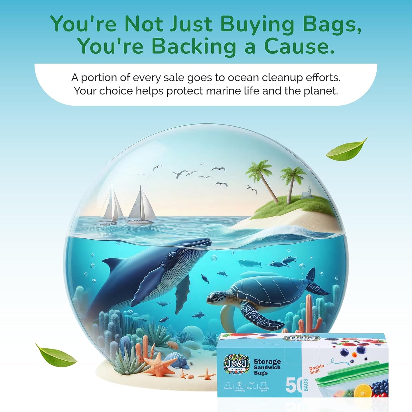 J&&J Fresh Sandwich Zipper Bags, 50 Pack ā Reusable, BPA-Free, Leakproof ā Expandable Bottom, Microwave-Safe, Strong Seal with Zipper Lock ā Food Storage For Freezer, Fridge, Lunch, Durable & Washable