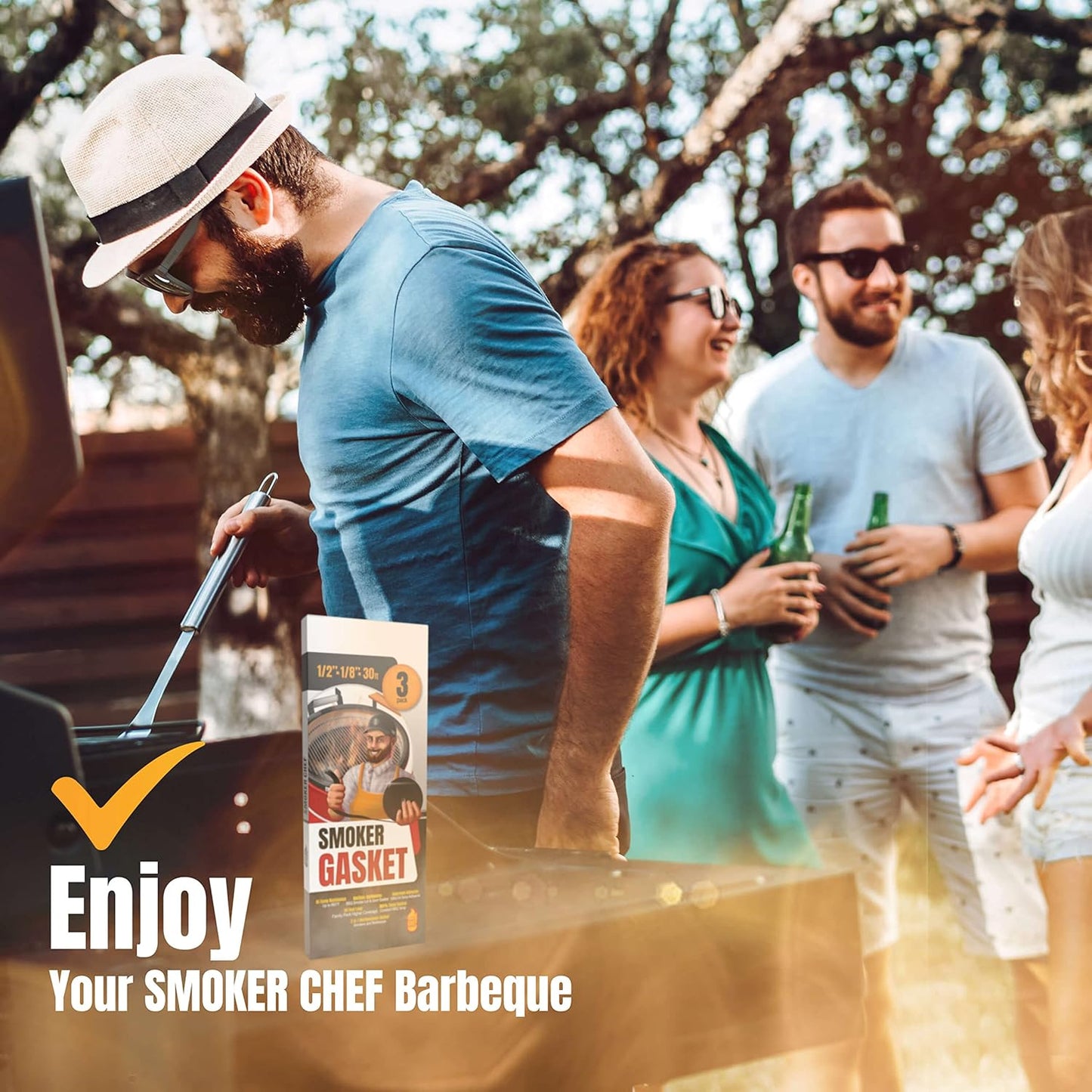 XXL 30 FT Grill Gasket for Smokers - Black 1/2’’ x 1/8’’ Hi Temp Seal Smoker Gasket – 3-Pack x 10 FT Self Stick Black Nomex Fire Tape for BBQ Lid – High Heat Temperature Material Replace