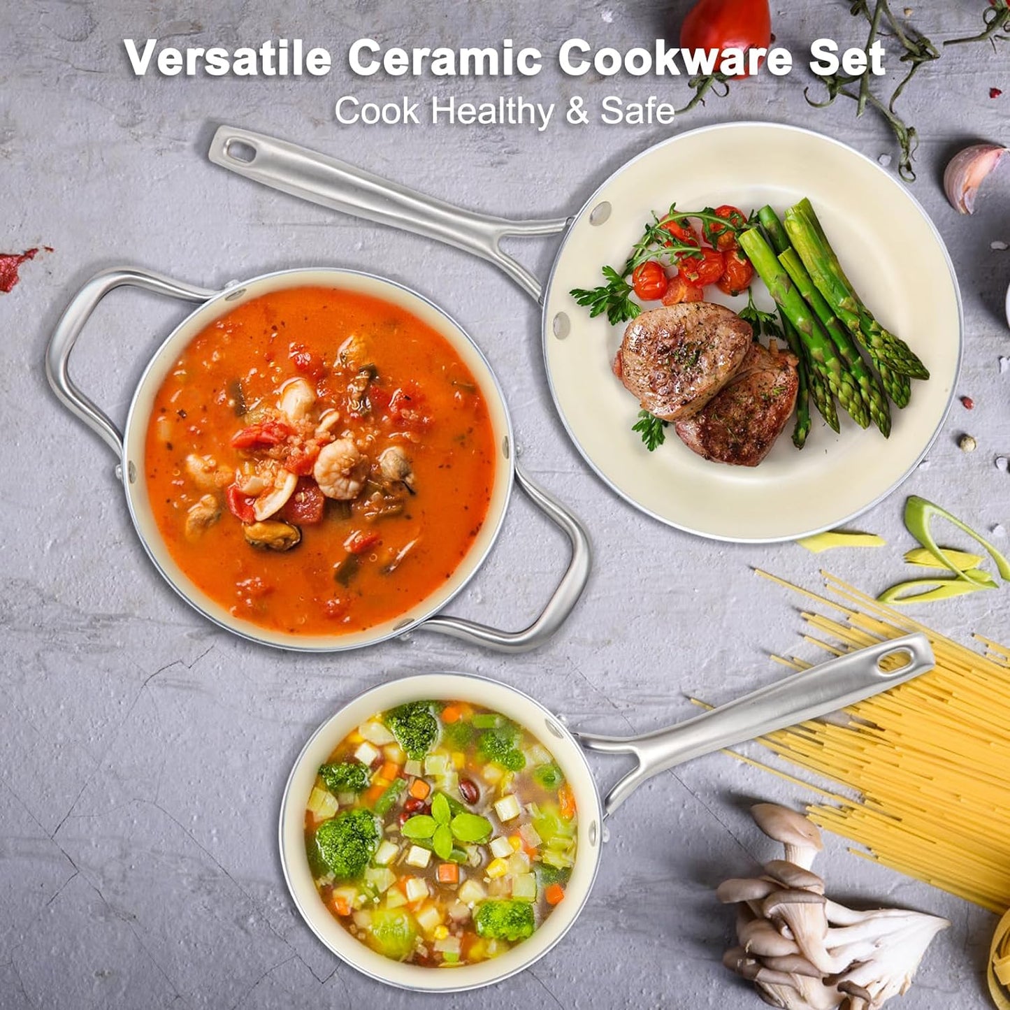 Pots and Pans Set, 7 Piece Nonstick Ceramic Cookware Set, Kitchen Induction Cookware Sets, Pots and Pans Non Stick with Oven Safe Handle, 100% PFOA Free, Blue