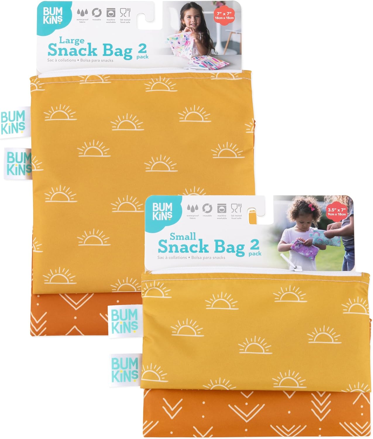 Bumkins - Cloth Snack & Sandwich Bags - For Storage, Travel, Food Prep, Lunch - Reusable, Water Resistant, Washable, Dishwasher Safe - Snack Bags for Kids - Zipper Closure - Desert Boho - 4 Pack