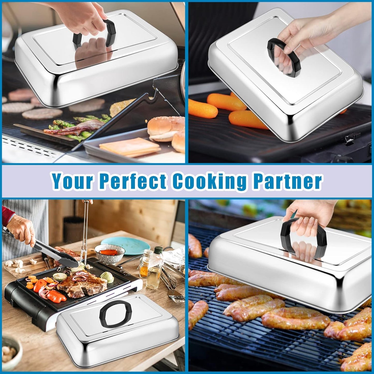 HaSteeL Rectangular Basting Cover, Stainless Steel Cheese Melting Dome Steaming Cover Lid, Heavy Duty Griddle Grill Accessories for Flat Top Teppanyaki BBQ Kitchen Indoor & Outdoor, Dishwasher Safe
