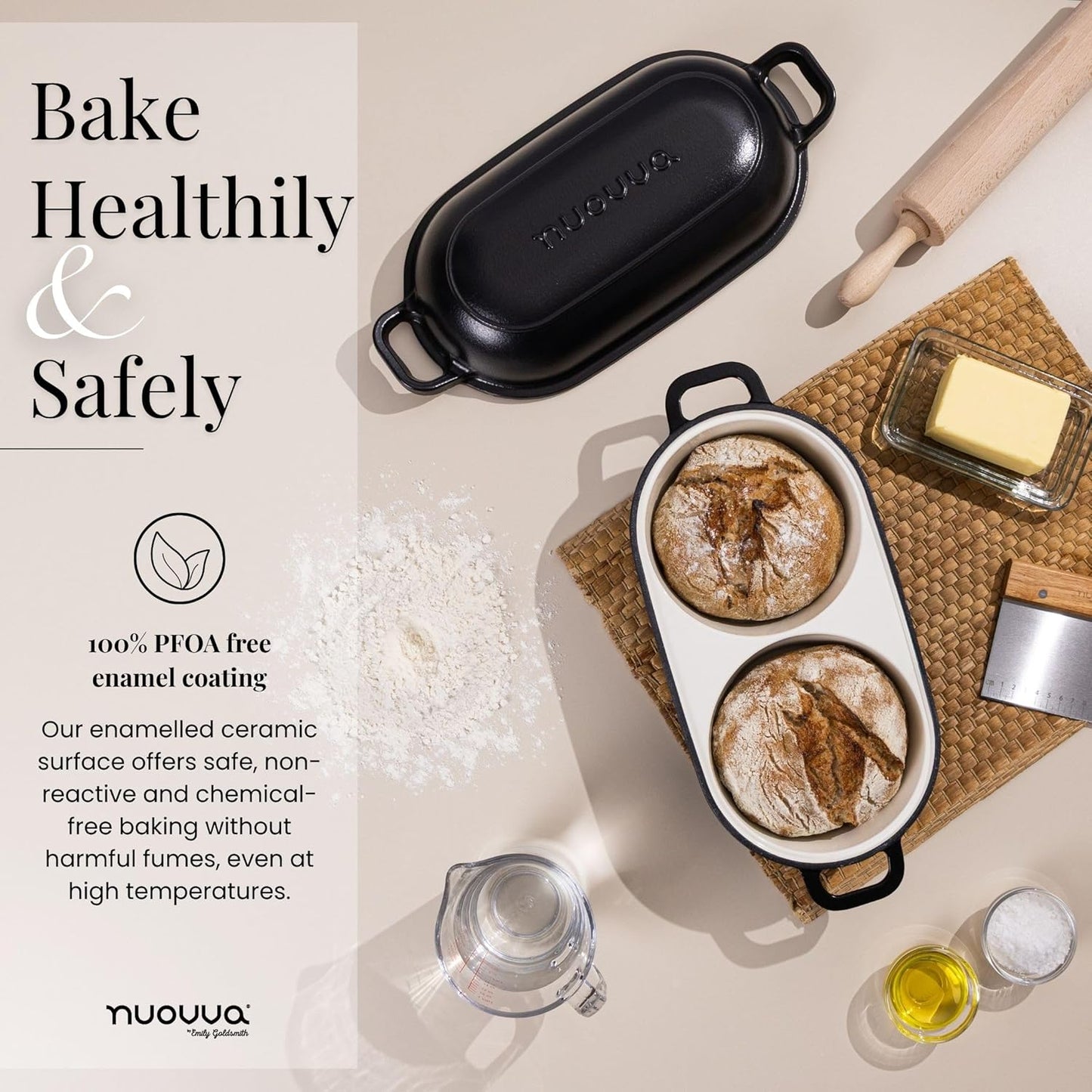 nuovva Dutch Oven for Sourdough Bread Baking – Enamelled Cast Iron Bread Loaf Pot – 500°F Oven Safe Non Stick Bread Pot – Double Round Loaf Space, 16.5cm Diameter, Black