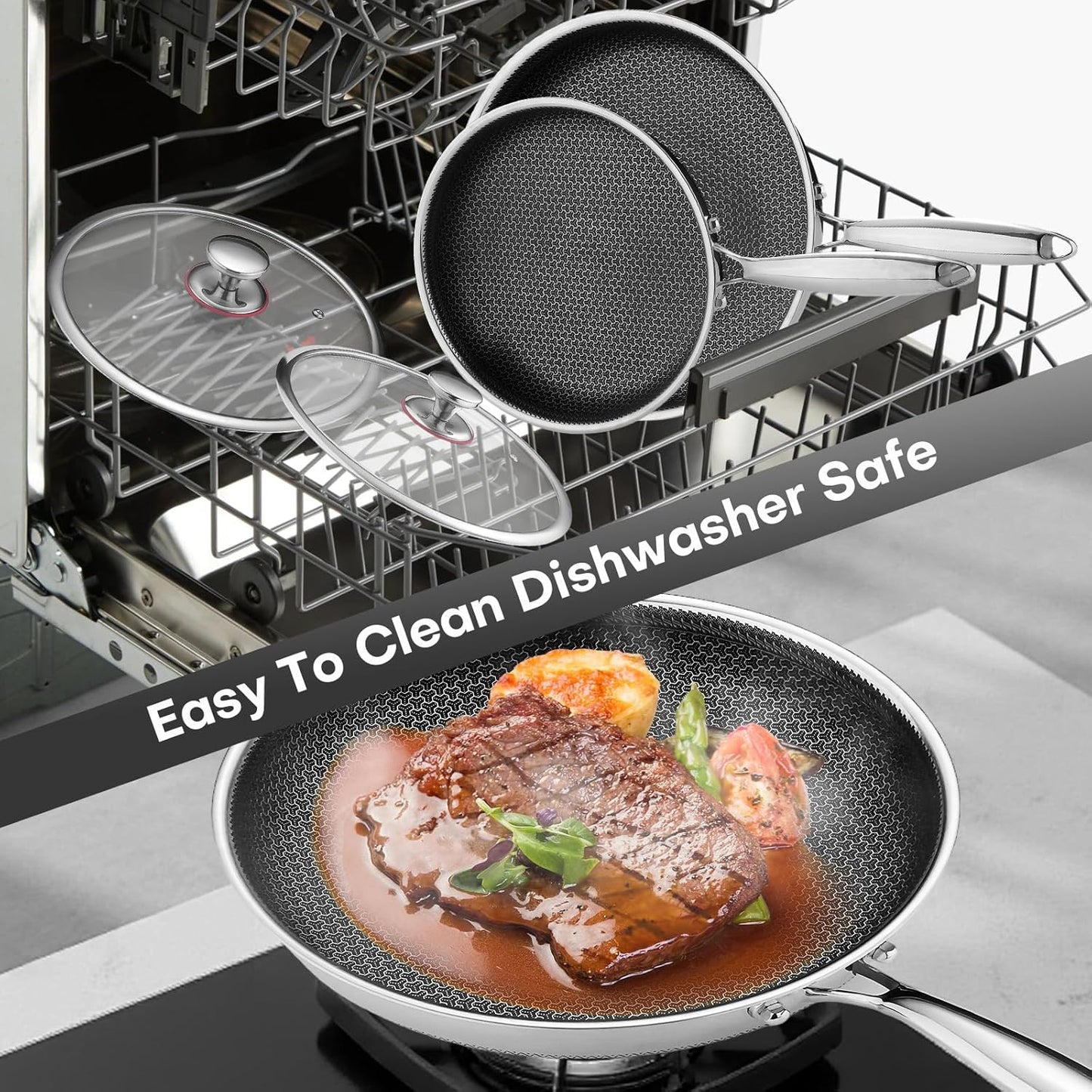 Lazycorner Non Stick Frying Pans Skillet with Lid, 10 Inch Stainless Steel Kitchen Cookware Pot, Non toxic Healthy Induction Compatible PFAS PTFE PFOA PFOS Free