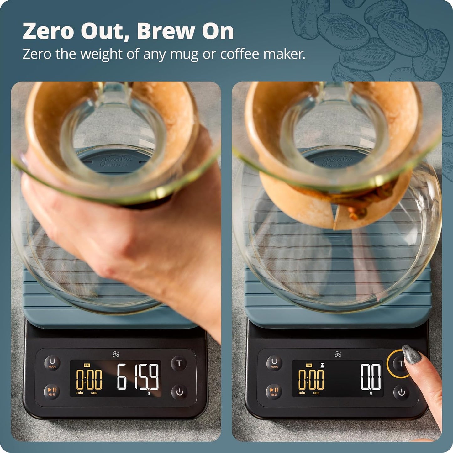 Greater Goods 0.1g Precision Coffee Scale with Timer ā 3kg Digital Scale for Pour-Over, Espresso, French Press, Kitchen Use (Stone Blue)