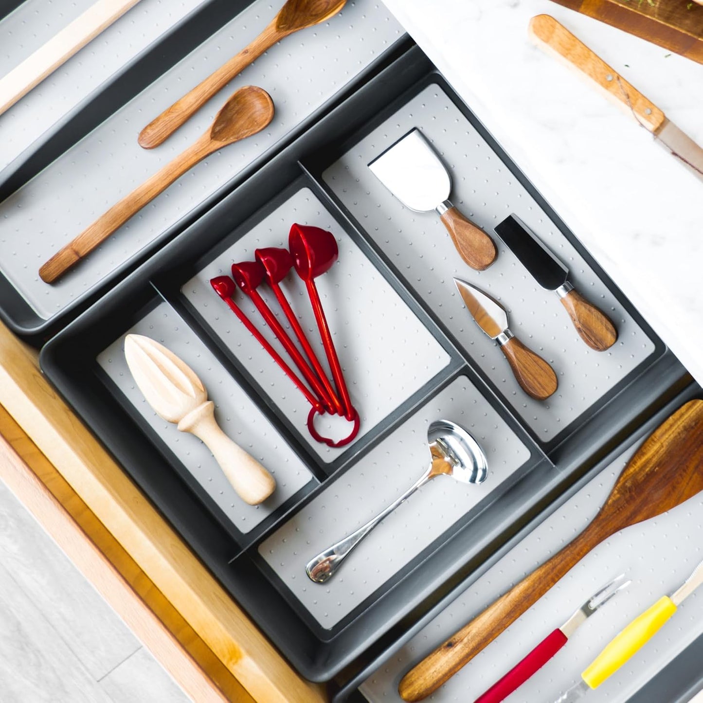 Madesmart Classic 4-Compartment Drawer Organizer Gadget Tray, Plastic Multipurpose Storage Bin for Drawers, Granite