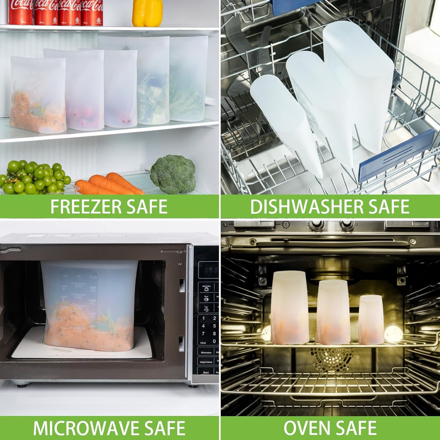 Reusable Storage Bags, Set of 2 Large Sizes, 8 Pack 100% Silicone Food Storage Bags Stand Up Zip Lock Bag for Food, Freezer Microwave Oven Dishwasher Safe, 4 XL-4/5 Gallon, 4 L-1/2 Gallon, Translucent