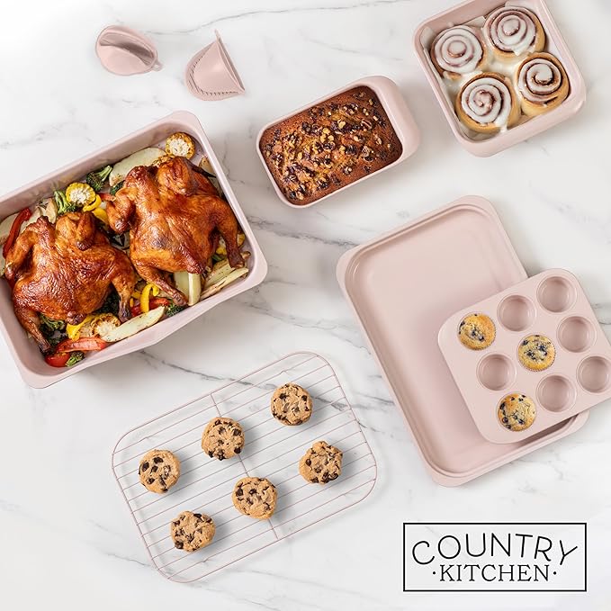 Country Kitchen Nonstick Stackable Bakeware Set - Deluxe Heavy Duty, Durable, Easy Release Baking Set, 8 Pcs, Pink