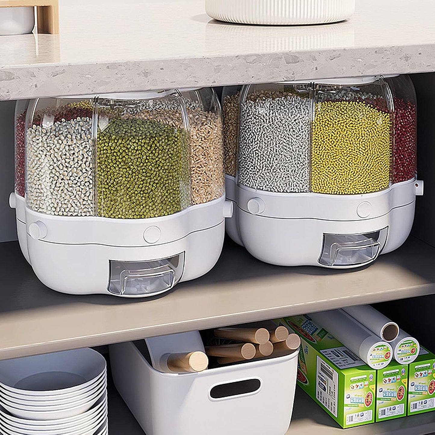 XIYAO 40lb Grain Storage Container, 360 Rotating Food Dispenser with Lid, Moisture Resistant Household, Airtight Storage for Black Rice, Yellow Rice and Small Beans