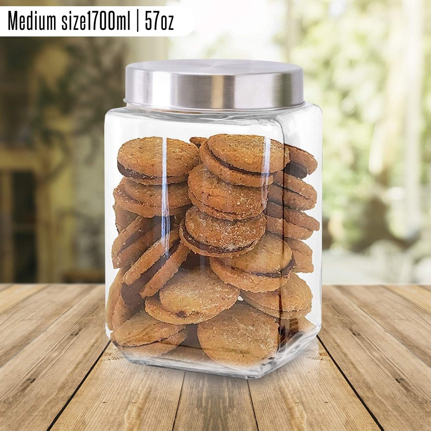 Glass Containers for Kitchen – Set of 3 Food Storage Containers – Storage Jars with Stainless Steel Lids – Suitable for Cookies, Snacks, Coffee – Screw-on Lid – 57oz Capacity