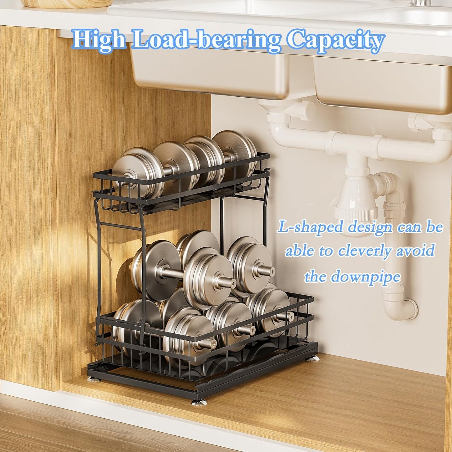 2 Pack Under Sink Organizers and Storage, 2 Tier Pull Out Cabinet Organizer, Metal Sliding Drawer Storage for Kitchen Bathroom,Black