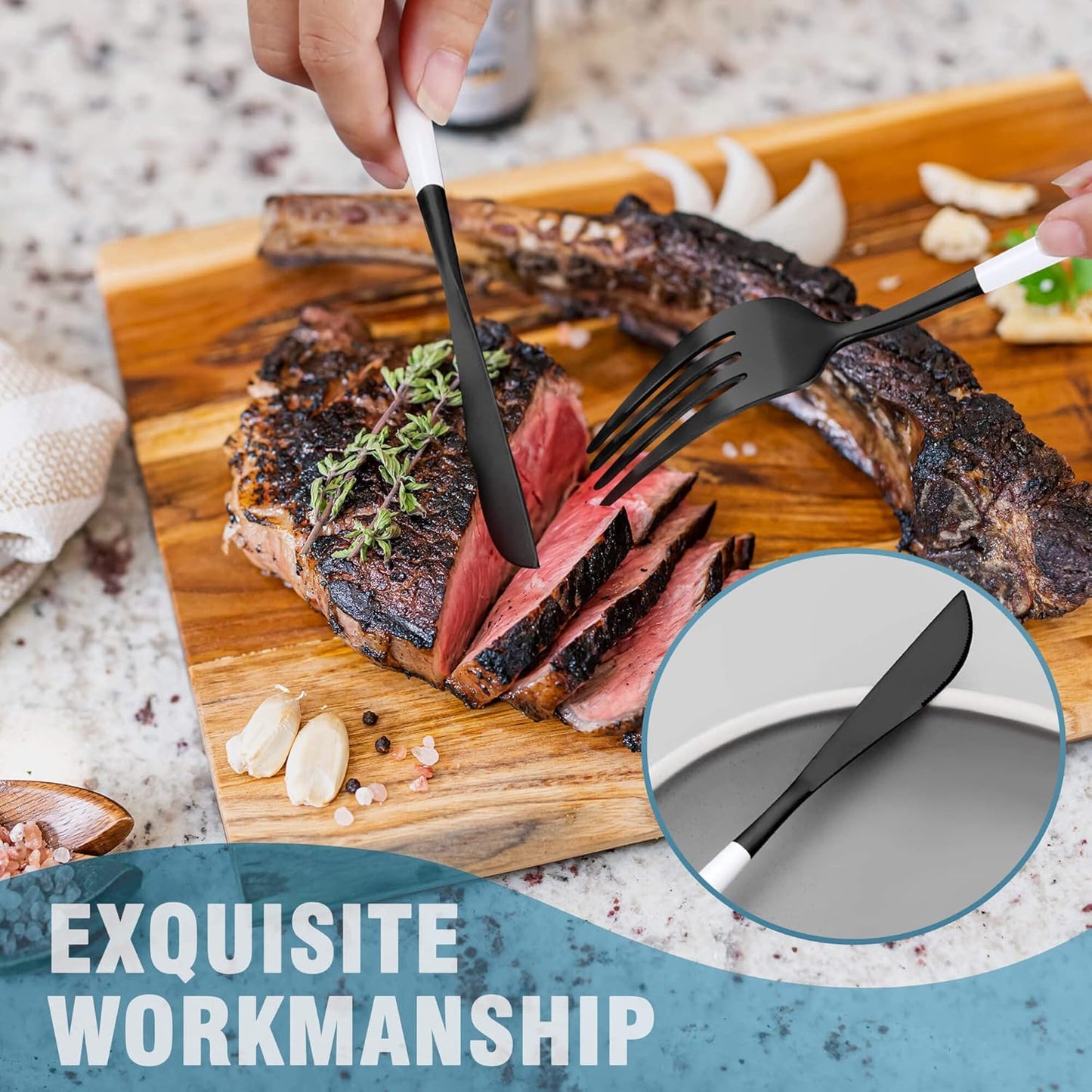 Matte Black White Silverware Set for 6,Modern Stainless Steel Brushed Cutlery Set,30-Pieces Heavy Duty Flatware Set,Knives Spoons and Forks Set Utensils Set, Satin Finish, Dishwasher Safe