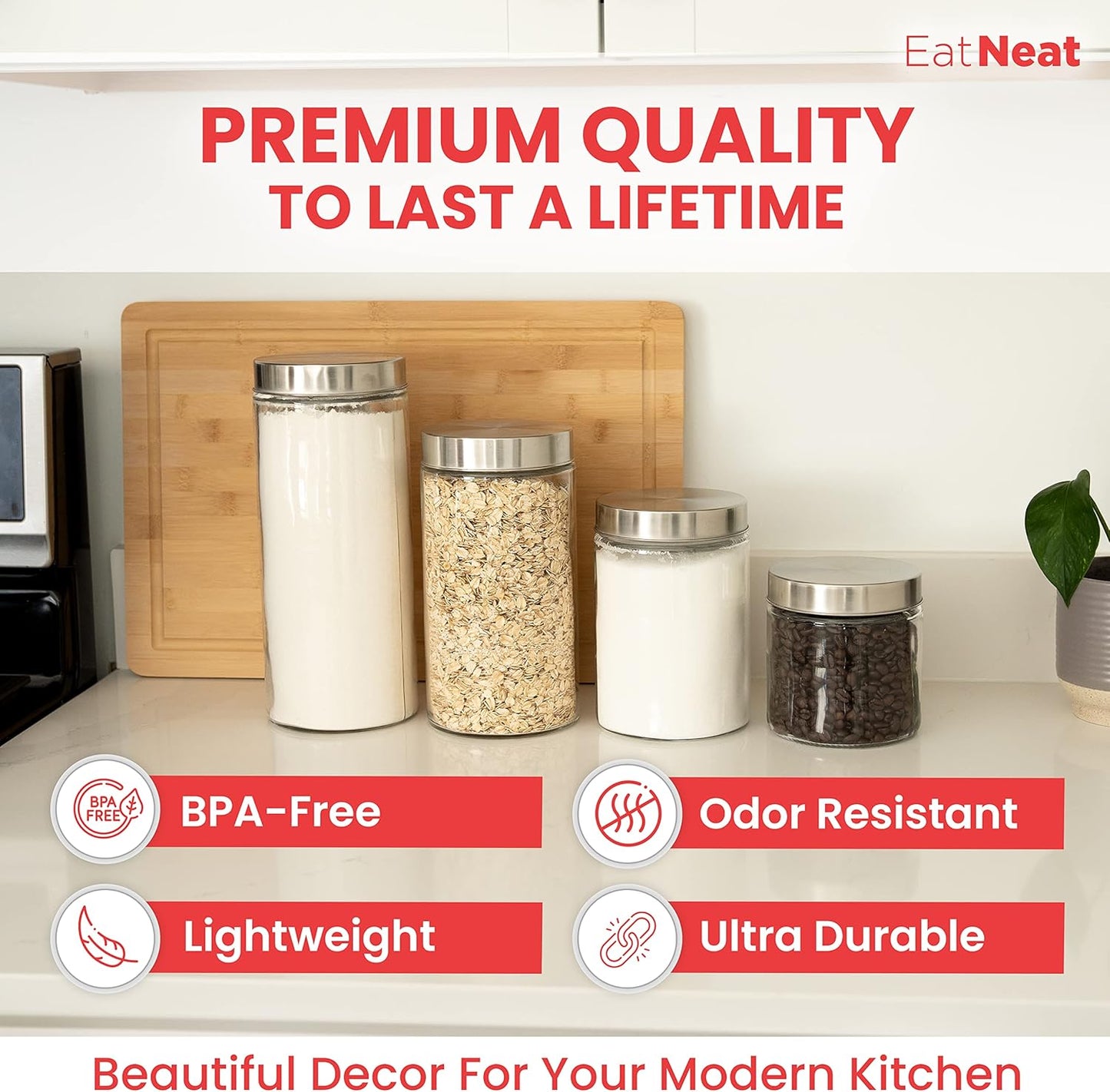 EatNeat 4-Piece Sleek Glass Canister Set with Brushed Stainless Steel Lids – Giftable, Durable Storage Containers for Countertop Use – Dishwasher-Safe Jars in Various Sizes for Pantry & Kitchen
