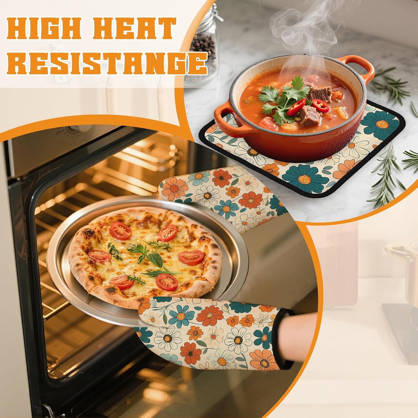 Vintage Floral Oven Mitts and Pot Holders,Groovy Flower Heat Resistant Oven Mitts Gloves and Pot Holder for Home Kitchen Decorations Cooking Baking BBQ Gifts,Set of 4