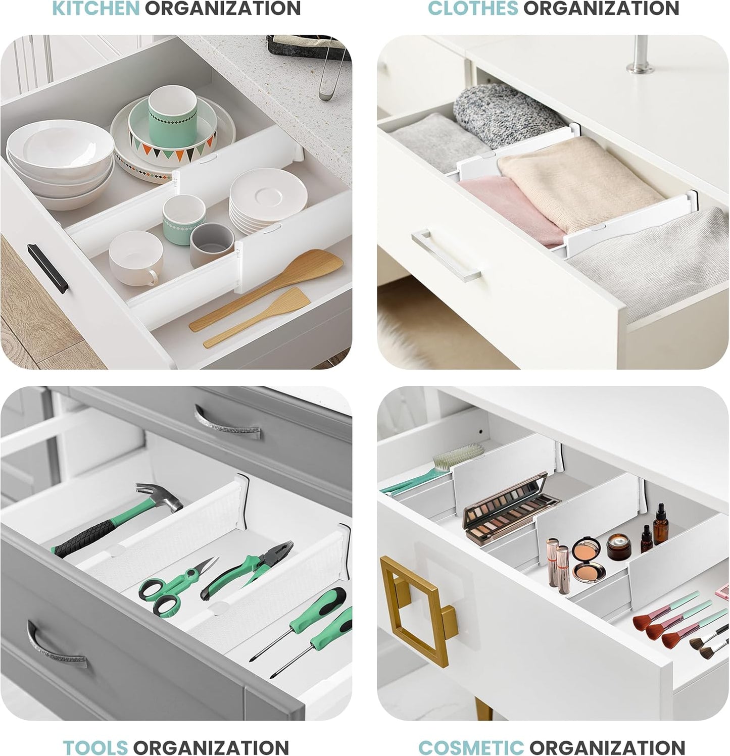 RAPTUROUS Adjustable Drawer Dividers 4 Pack, 4” High, 11-17” Long, Dresser Drawer Divider for Bedroom, Closet, Kitchen, Nursery Organization, Office, Strong & Sturdy Hold, Soft Foam Edges(White)