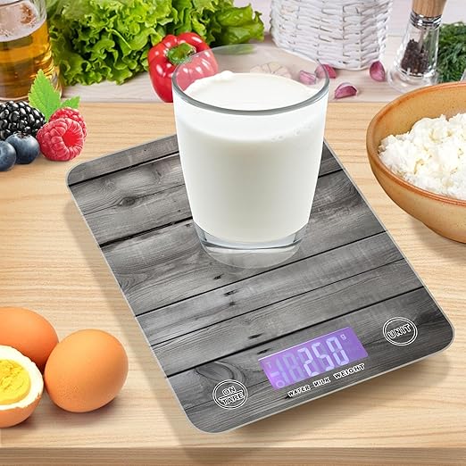 Digital Food Scale Rustic Wood Grey – Fashion Design, 11lb/0.01oz, Tempered Glass, Kitchen Scales with LCD Display for Baking & Cooking, Batteries Not Included