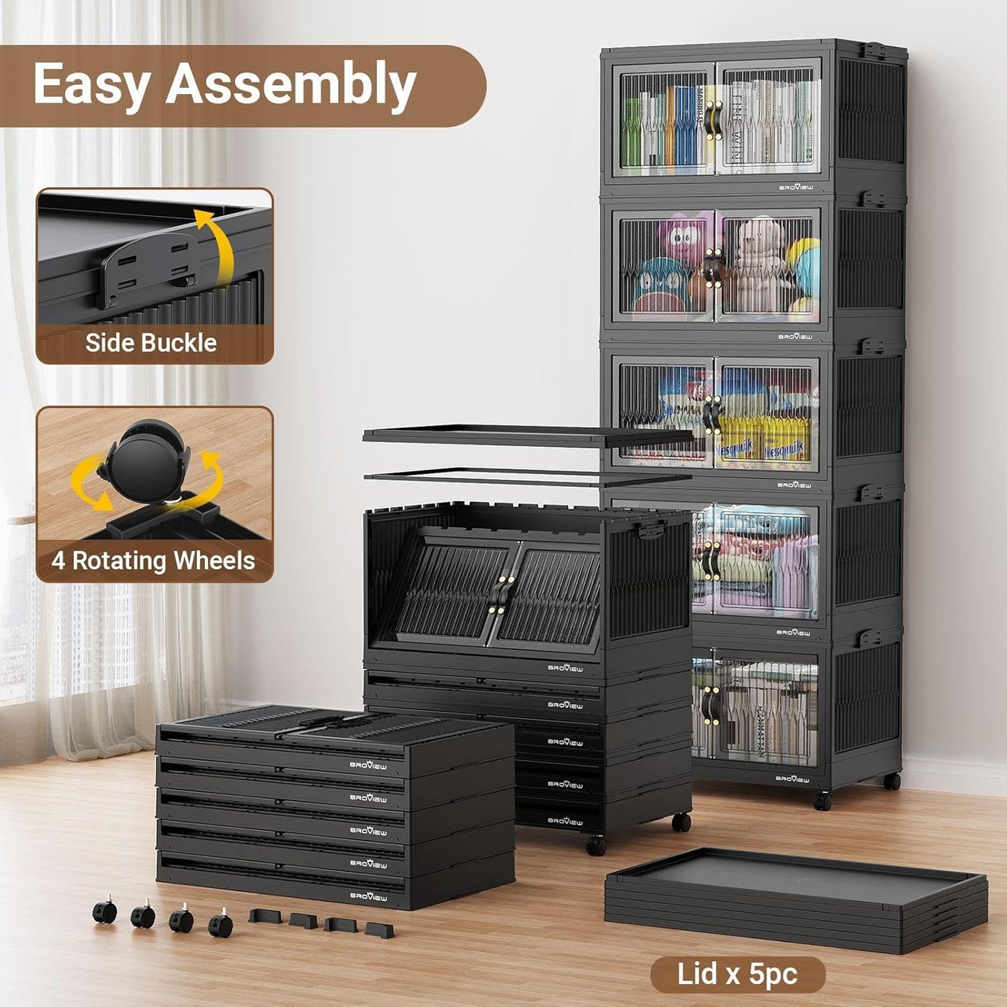 480Qt Stackable Storage Bins with 4 Lids, Extra Large Closet Organizer Collapsible Drawer Boxes with Wheels, Folding Plastic Cabinet Containers for Home Kitchen Room Organization, 4Pack Black