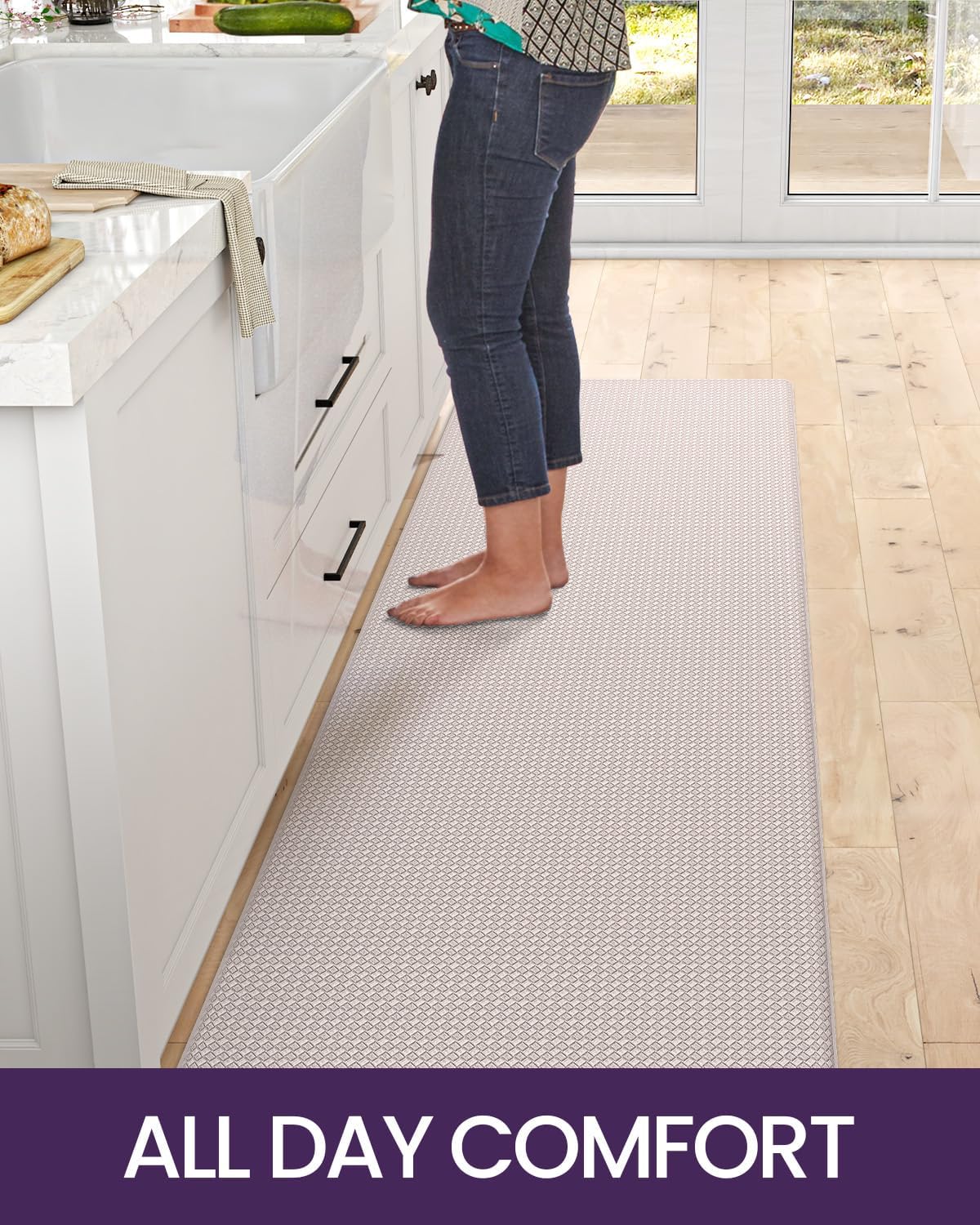 DEXI Kitchen Floor Mats Cushioned Anti Fatigue, 23x59, Large Long Standing Runner Rug Waterproof, Comfort Memory Foam Padded for Front Sink Laundry, Beige White