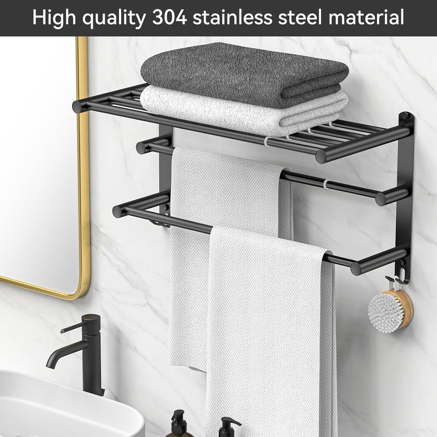 Adjustable Towel Bar for Bathroom Wall Mount17-30.7inch Adhesive Shower Towel Rack Stainless Steel Bath Towel Holders for Toilet Kitchen Double Towel Hanger (Black 3-Layer Towel Rack)