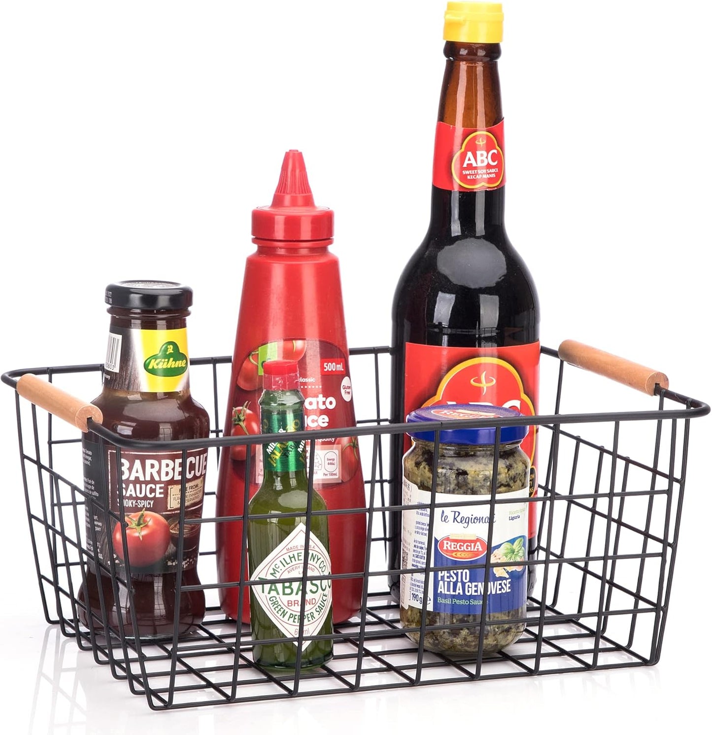 Metal Wire Food Storage Basket Organizer with Wooden Handles for Organizing pantry organizers and storage Kitchen Cabinets, 2 Packs-Black