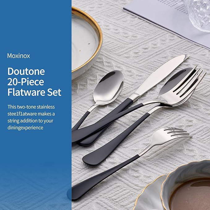 20-Piece Black Silverware Set, 18/0 Stainless Steel Black Handle Flatware Set, Service for 4, Modern Cutlery Set Includes Dinner Knives Forks Spoons, Mirror Polished, Dishwasher Safe