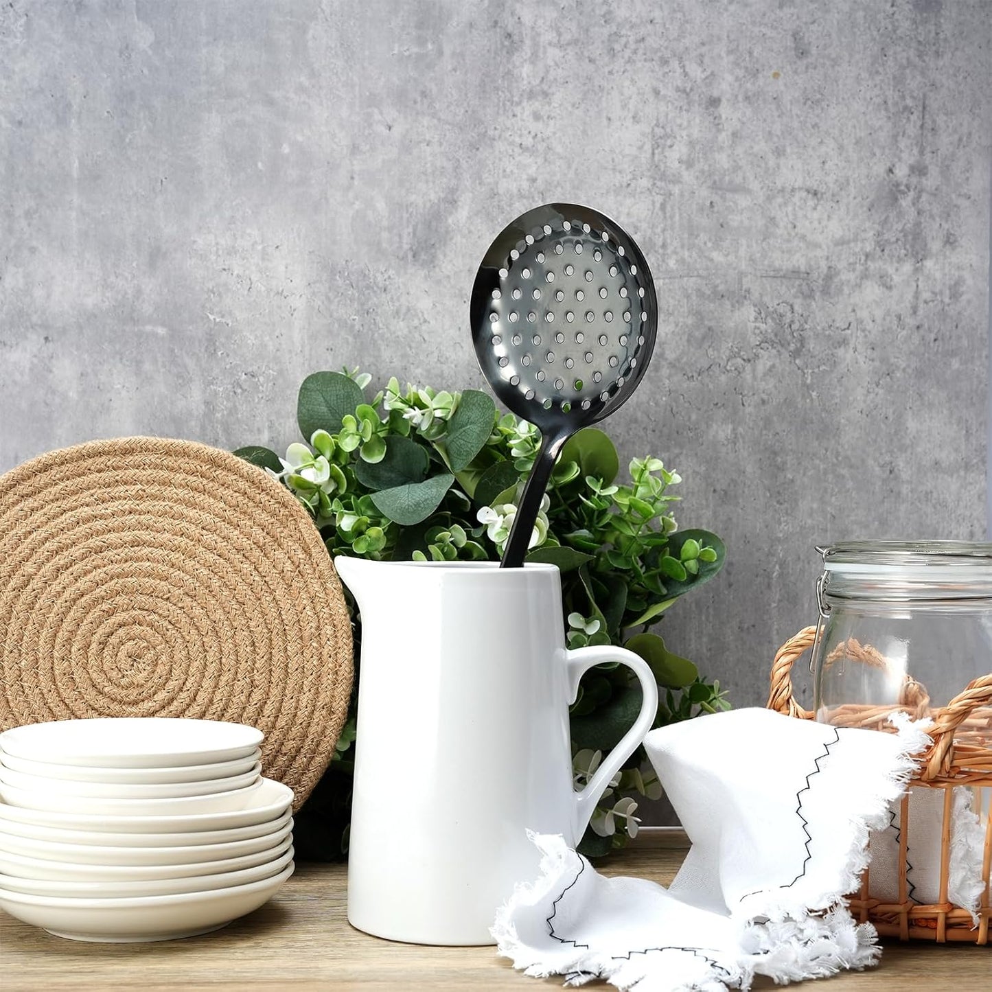 Skimmer Spoon, Slotted Spoons for Cooking, Slotted Spoon, Kitchen Stainless Steel Slotted Serving Spoon, Stainless Steel Strainer, Black