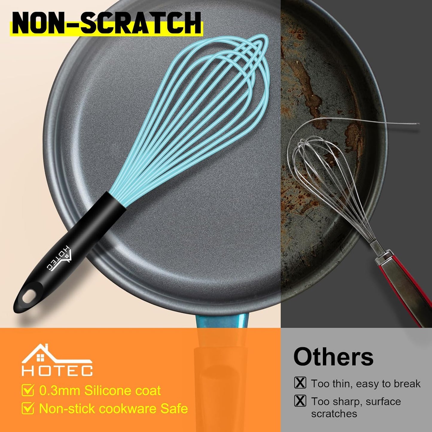 HOTEC 4 Pieces Silicone Whisks Set, Wire Balloon Whisks Egg Beater, Non-slip Handle Whisk for Non-stick Cookware Perfect for Cooking, Stirring, Beating and Blending (Blue)