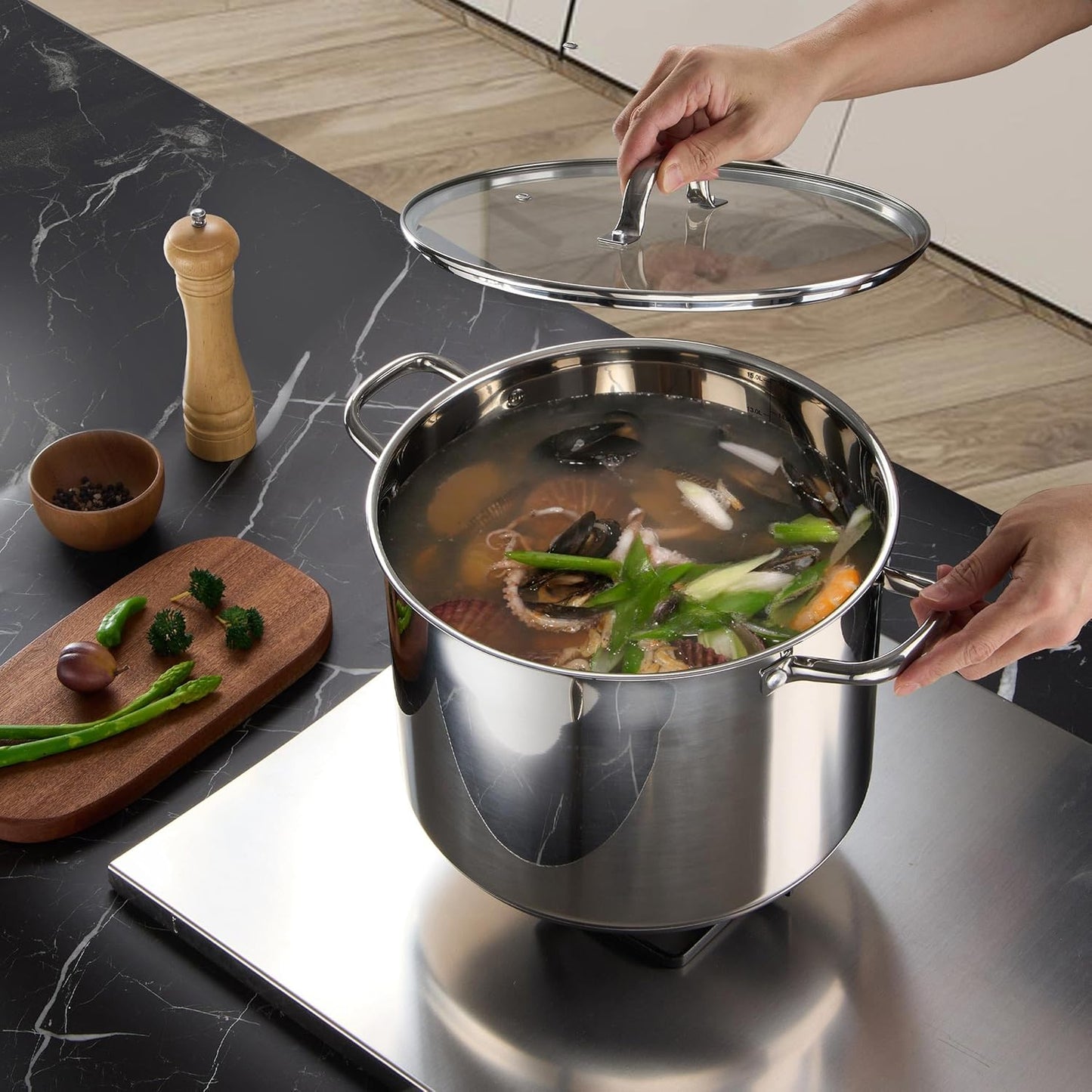 Stainless Steel Large Stock Pot, LIANYU 16 QT Heavy Duty Stockpot with Glass Lid, Deep Classic Soup Pot for Cooking Stewing Simmering, Thick Tri-ply Base & Stay-Cool Handle, Dishwasher Safe Cookware