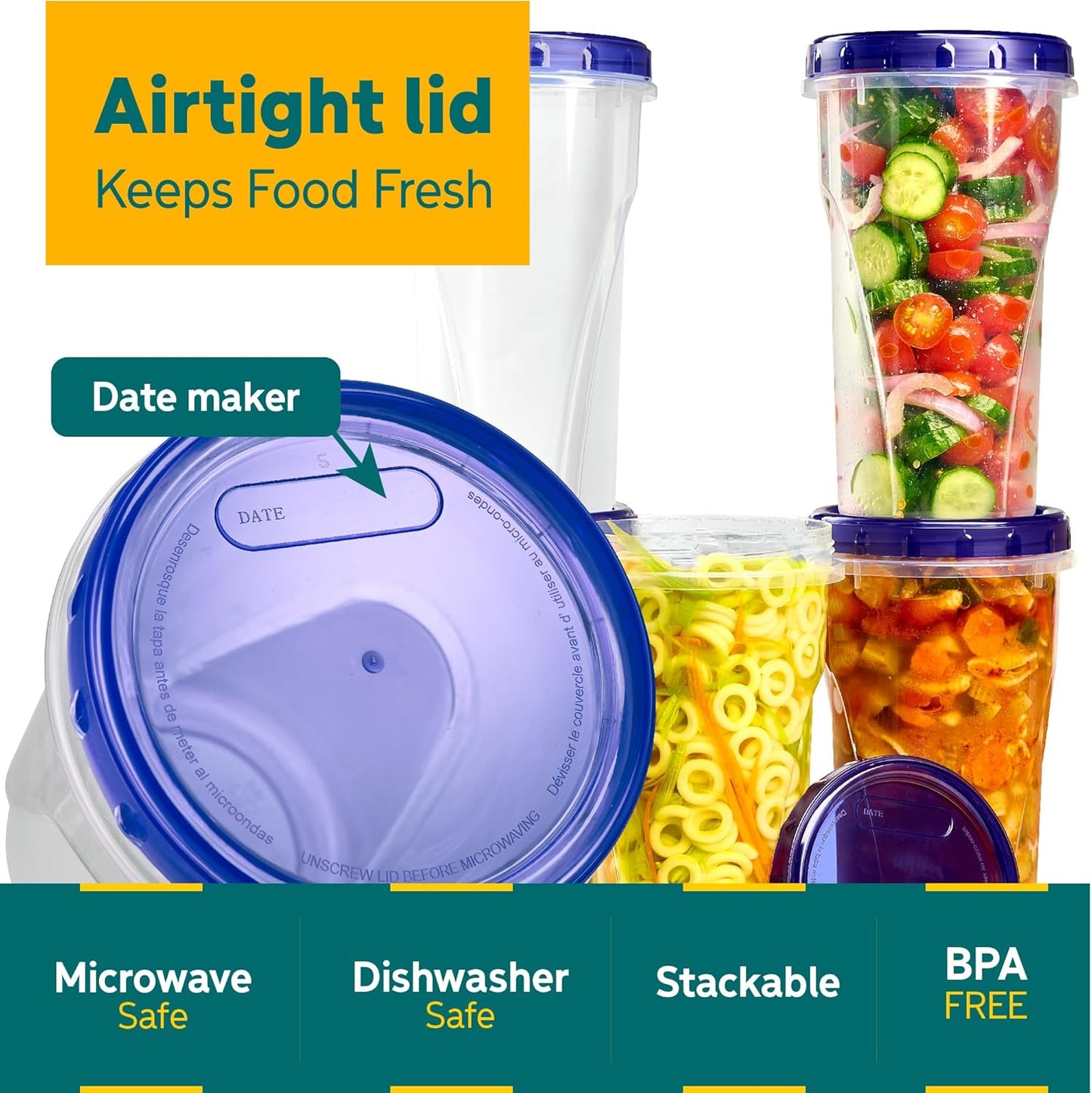 PLASTICPRO 6 Pack Twist Cap Food Storage Containers with Blue Screw on Lid- 48 oz Reusable Meal Prep Containers - Large Freezer Containers Microwave Safe Blue Plastic Food Storage