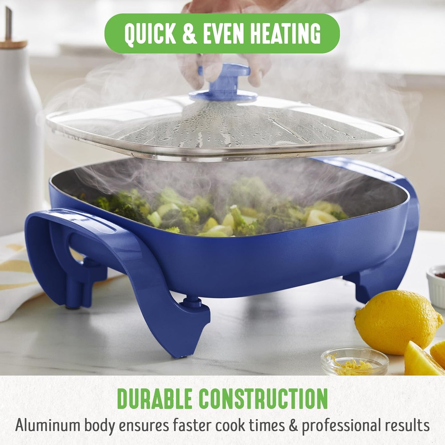 GreenLife 12" 5QT Square Electric Skillet, Glass Vented Lid, Ceramic PFAS-Free Nonstick Coated Interior, Adjustable Temperature Control, Cool Touch Handles, Quick Even Heating, Scratch Resistant, Blue