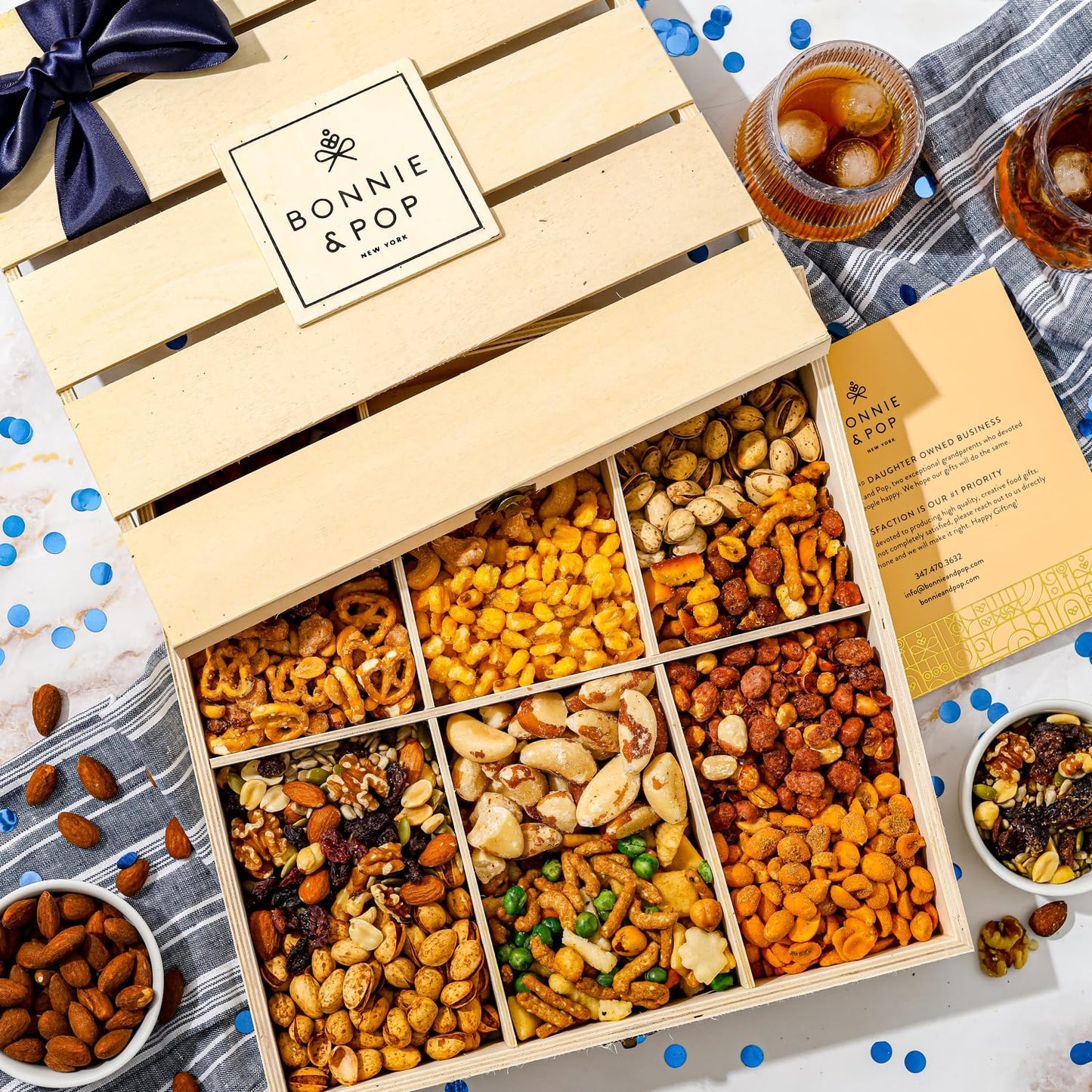 BONNIE AND POP - Nut Gift Basket | Healthy Gift of Assorted Nuts in Reusable Wood Crate | Large Variety Tray with Unique Flavors | Parties, Holidays, Birthday, Sympathy, Office, Thank You, Him, Her | Bonnie & Pop