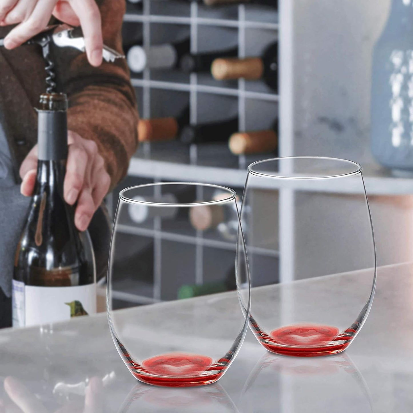 DISCOUNT PROMOS 10 ARC Stemless Wine Glasses Set, 21 oz. - Chardonnay, Cabernet, Merlot, Sauvignon - Red