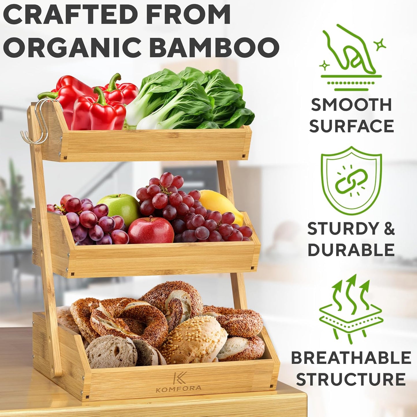 Bamboo Fruit Basket 3-Tier - Premium Produce Basket for Kitchen w/ 2 Hangers - Durable & Easy to Assemble Stand for Countertop - Perfect Holder for Vegetables, Bread, Snacks & More