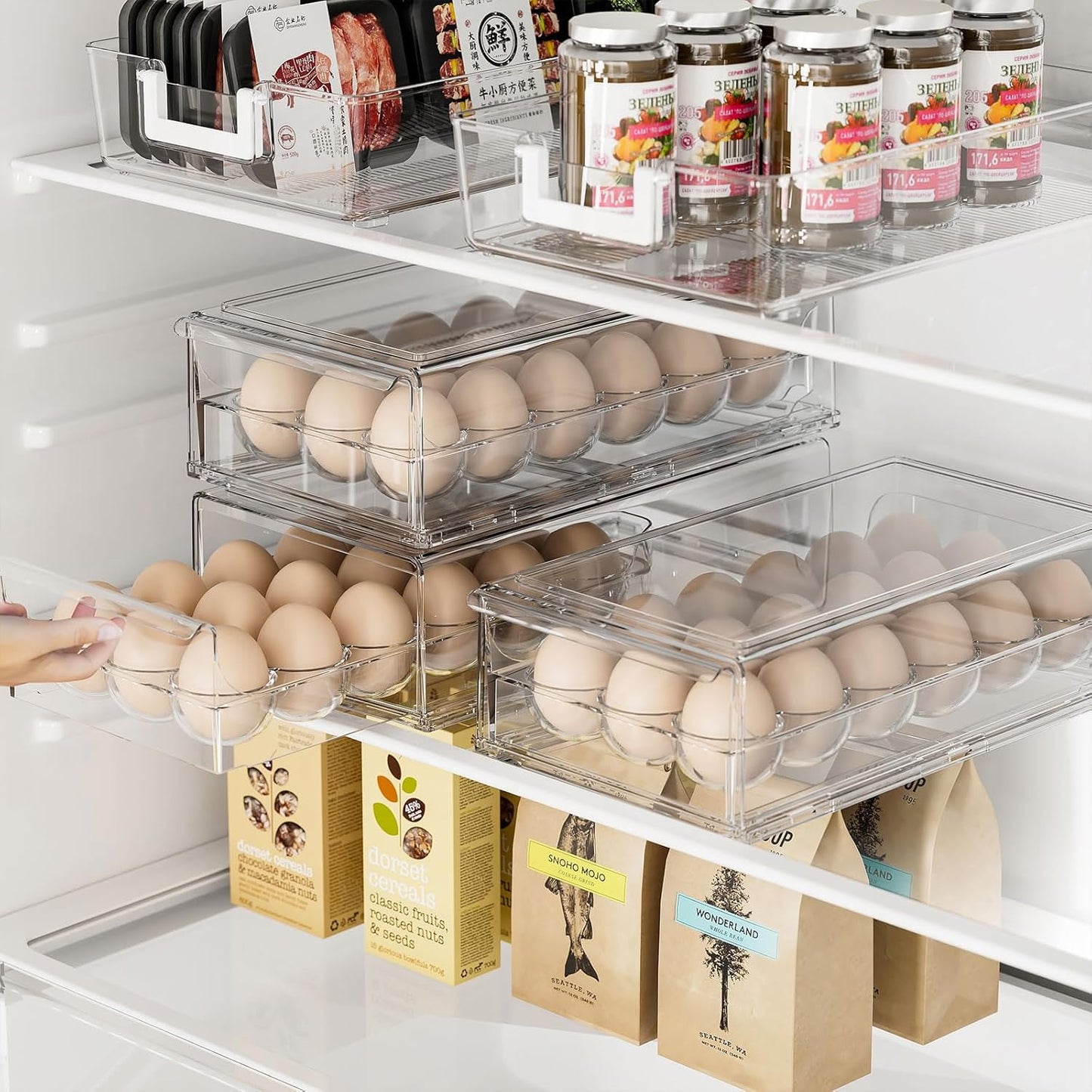 BPA Free Stackable Egg Container - 18 Egg Refrigerator Organizer with 2 Kitchen Hooks, Clear