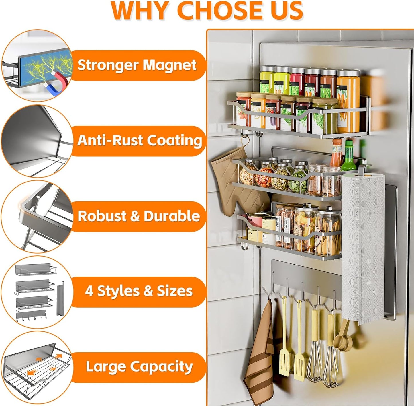 5 Pack Multifunctional Magnetic Shelves for Refrigerator Spice Rack & Washing Machine Organize, Include Paper Towel Holder, Kitchen Utensil Hanger and Hooks, Strong Magnet for Secure Hold (Gray)