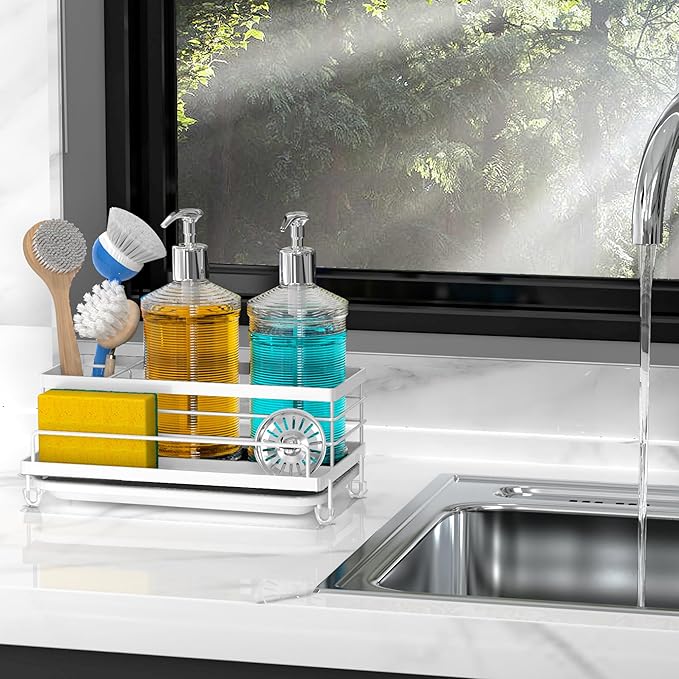 Cisily Sink Caddy Organizer, Kitchen Sink Accessories with Drip Tray, Rustproof and Non-Slip, White