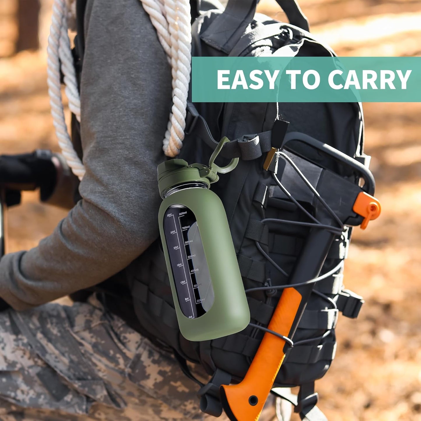 CIVAGO 32 oz Glass Water Bottle with Straw and Handle, Large Sports Motivational Water Bottle Flask with Time Marker and 2 Lids, Leakproof Water Jug Canteen with Silicone Sleeve for Gym,Sage…