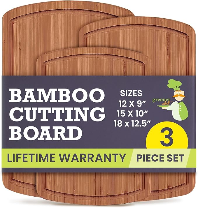 Organic Bamboo Cutting Boards for Kitchen Set of 3 with Lifetime Replacements- Non Toxic Wood Chopping Board for Charcuterie, Meat, Vegetables and Fruits - Ideal Kitchen Gifts for Home Chefs