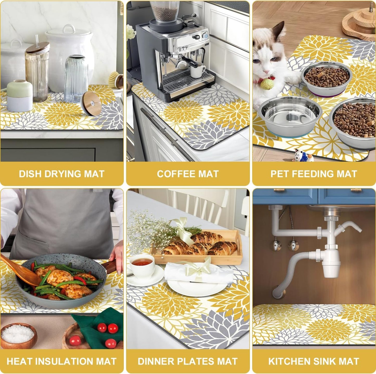 Findosom 2PCS 12" x 20" Dish Drying Mat & 24" x 5.5" Sink Splash Guard, Super Absorbent & Cuttable Dish Mat Drying Kitchen Mat with Yellow Floral, Hide Stain Drying Mat for Kitchen Counter