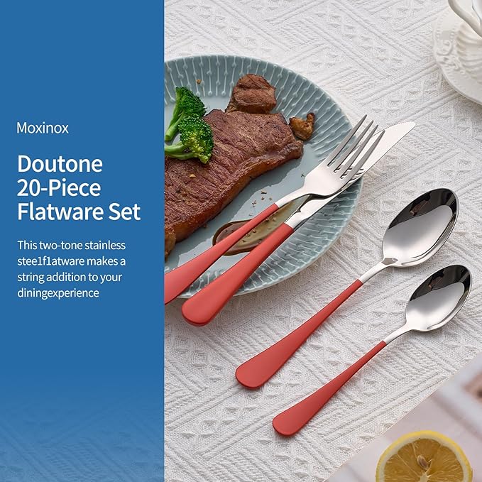 20-Piece Red Silverware Set, 18/0 Stainless Steel Red Handle Flatware Set, Service for 4, Modern Cutlery Set Includes Dinner Knives Forks Spoons, Mirror Polished, Dishwasher Safe