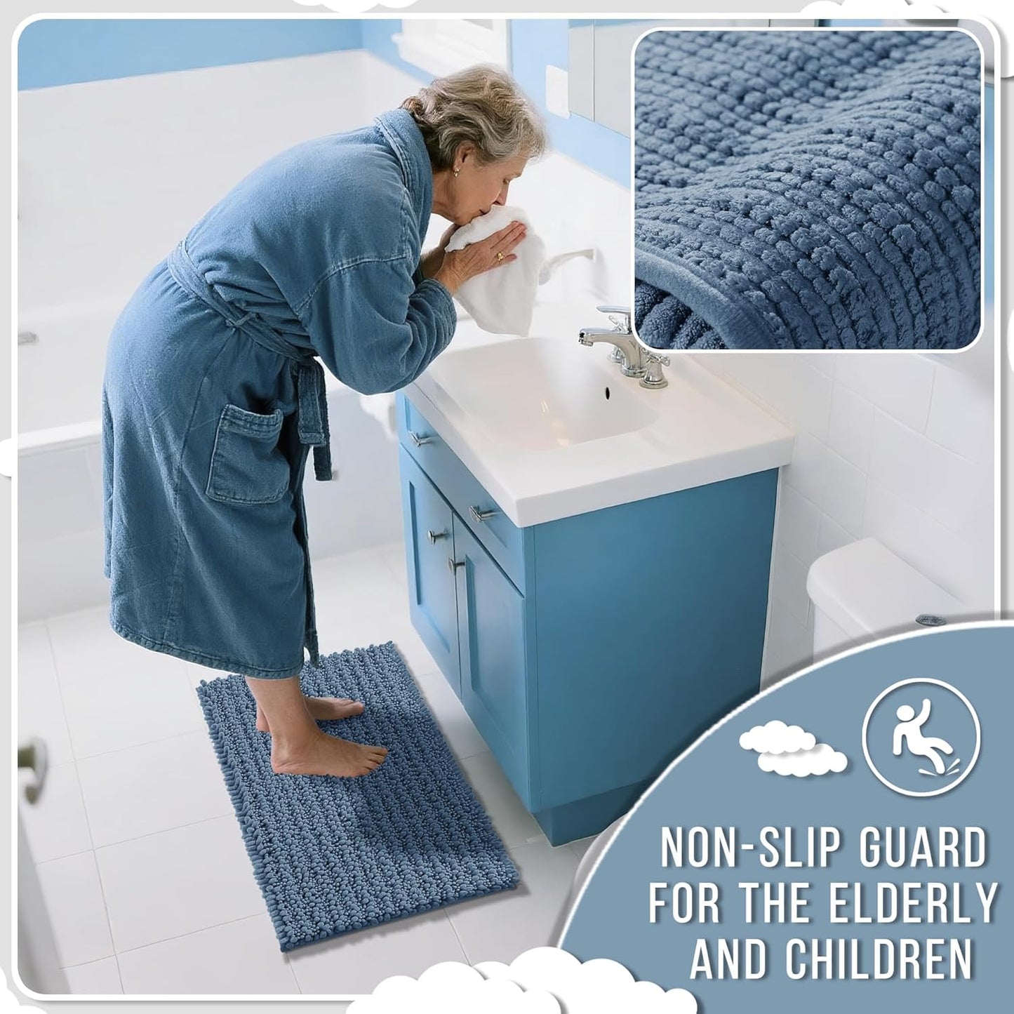 Yimobra Bathroom Runner Rug 60x24 Inch - Extra Long Non Slip Chenille Bath Mat, Soft & Absorbent, Machine Washable Shaggy Hallway Carpet for Vanity Tub Shower, Denim Blue Home Decor Accessories