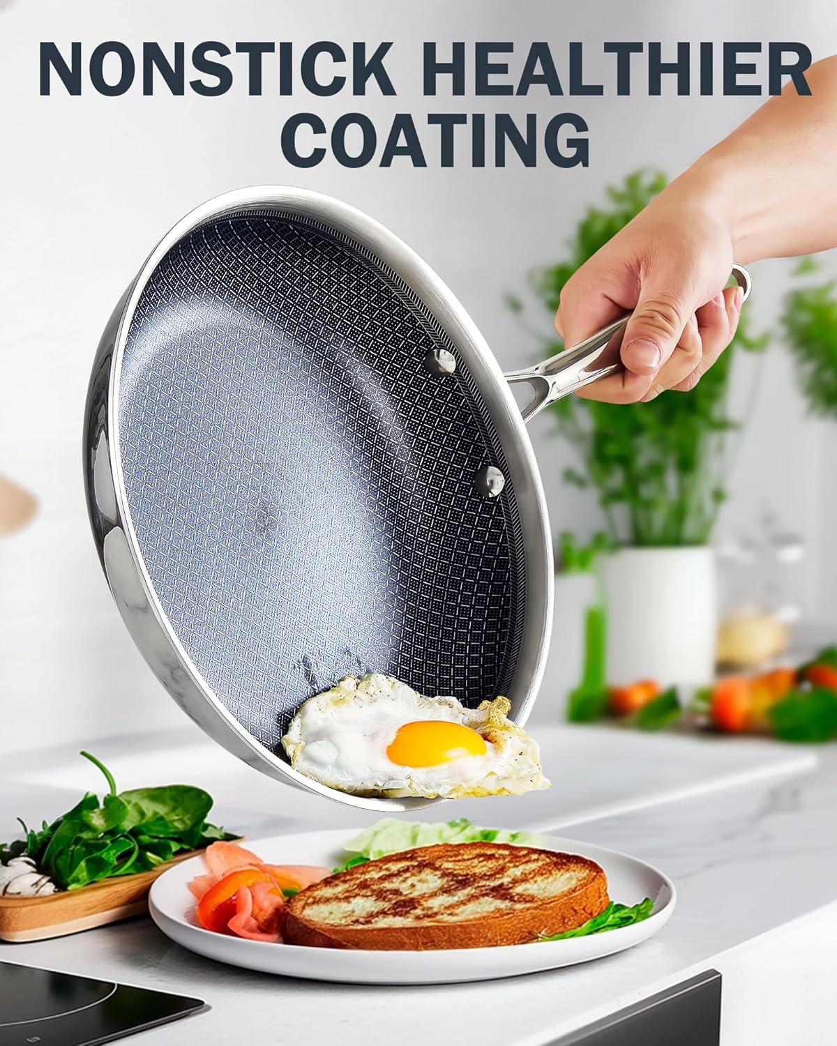 Cooks Standard Hybrid Nonstick Frying Pan Set, 8, 10 and 12-Inch Multi-Ply Clad Stainless Steel 3 Piece Skillet with Tempered Glass Lids, Oven Safe, Compatible with All Stovetops