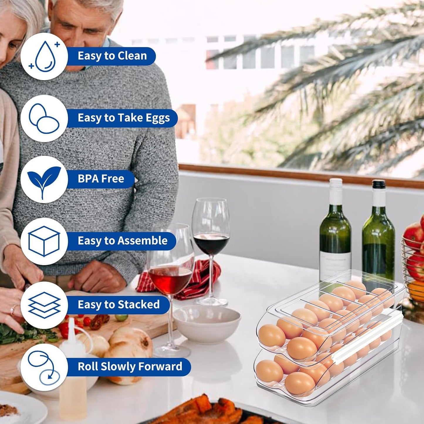 Egg Holder for Fridge, Automatic Rolling Egg Organizer for Refrigerator, Clear Plastic Egg Container & Tray, Stackable Dispenser and Storage Bin with Sturdy Lid to Saving Space -2 Layer